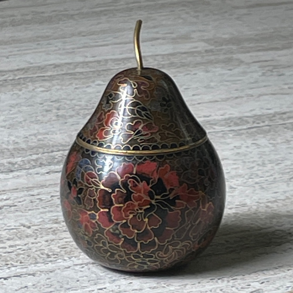Vintage Cloisonné Enamel Brass Pear Shaped Trinket Box with Stem Floral Design